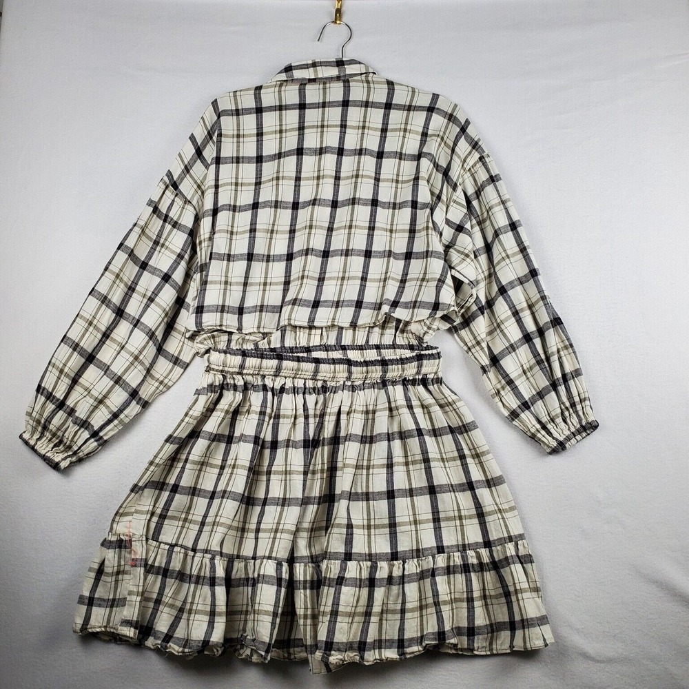 Asos Design Mini Skater Shirt Dress Women 12 CreamBlack Plaid Cotton Drawstring - Picture 2 of 16